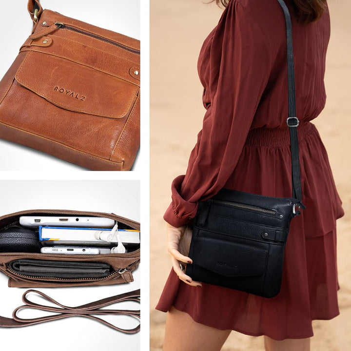 ROYALZ 'Madison' Vintage Handtasche Damen schwarz Umhängetasche klein kompakte Ledertasche, Schwarz