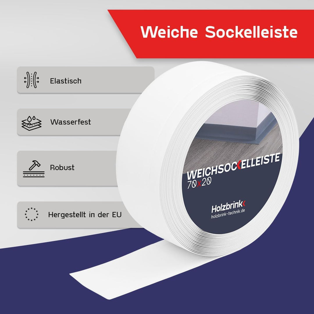 HOLZBRINK Weichsockelleiste PVC 70x20mm, 25 m | Winkelleiste ohne Klebestreifen für Kantenschutz Wan