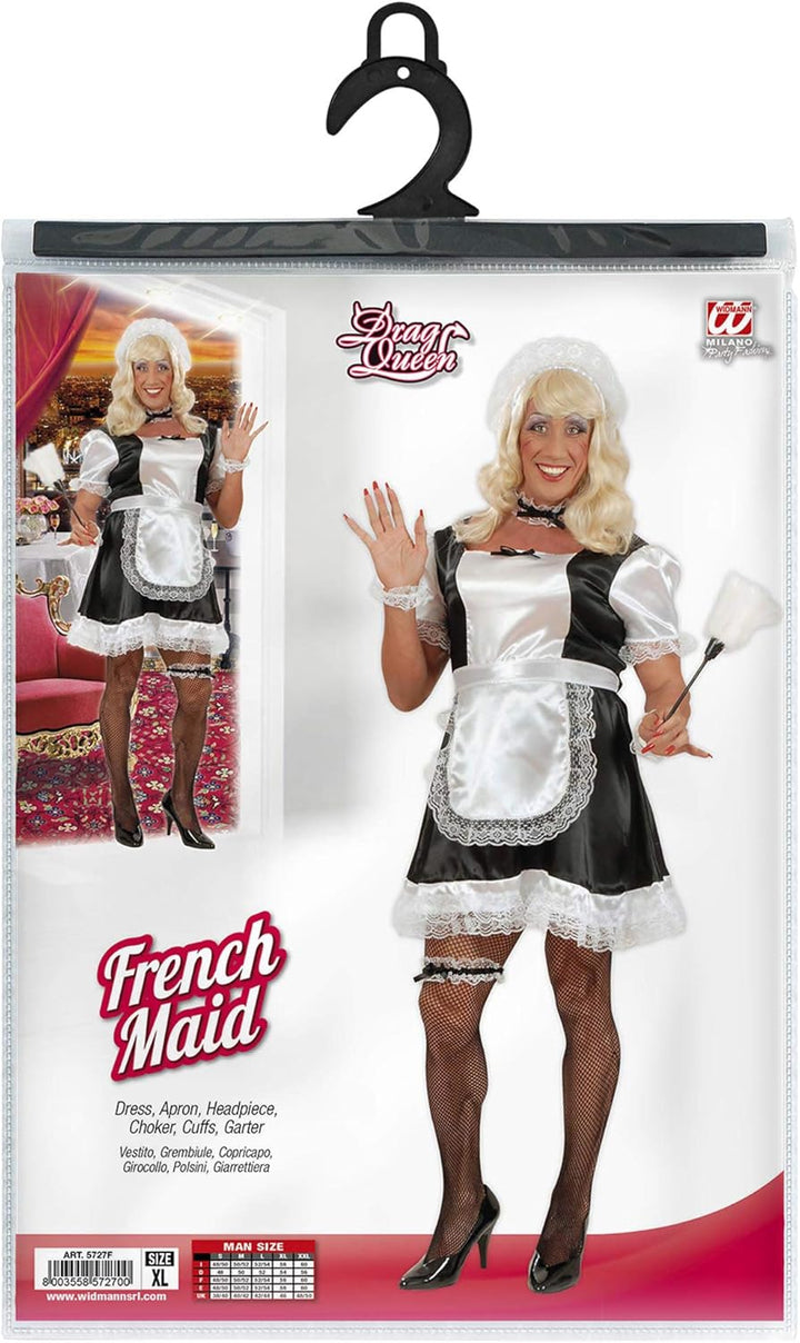 "FRENCH MAID" (dress, apron, headpiece, choker, cuffs, garter) - (XL) XL Schwarz, Weiss, XL Schwarz,