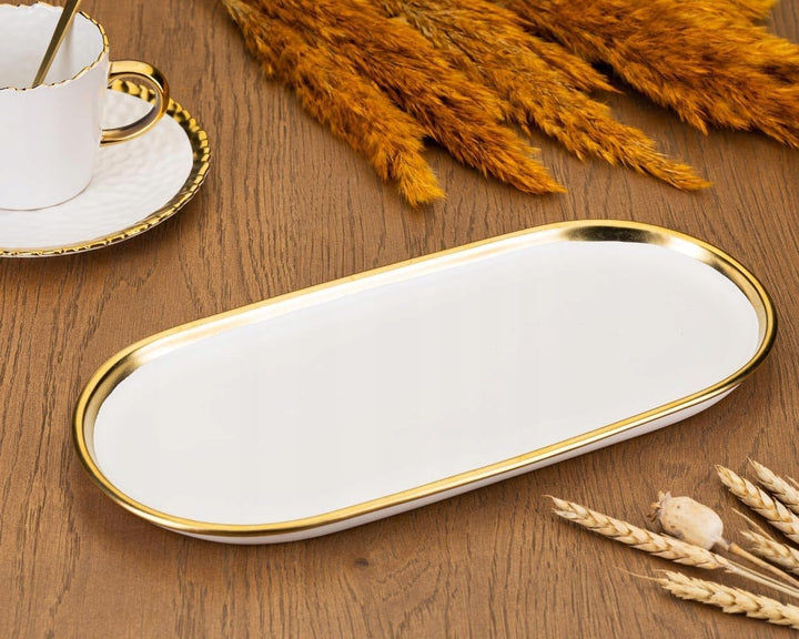 HowHomely Oval Dekotablett Lovia aus Keramik weiss 3cm x 32cm x 15,5cm