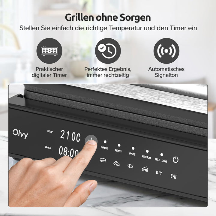Olvy Kontaktgrill mit Touchscreen – PFAS-frei – 5 Automatische Programme – 180° Öffnung, 2000 W – Ab