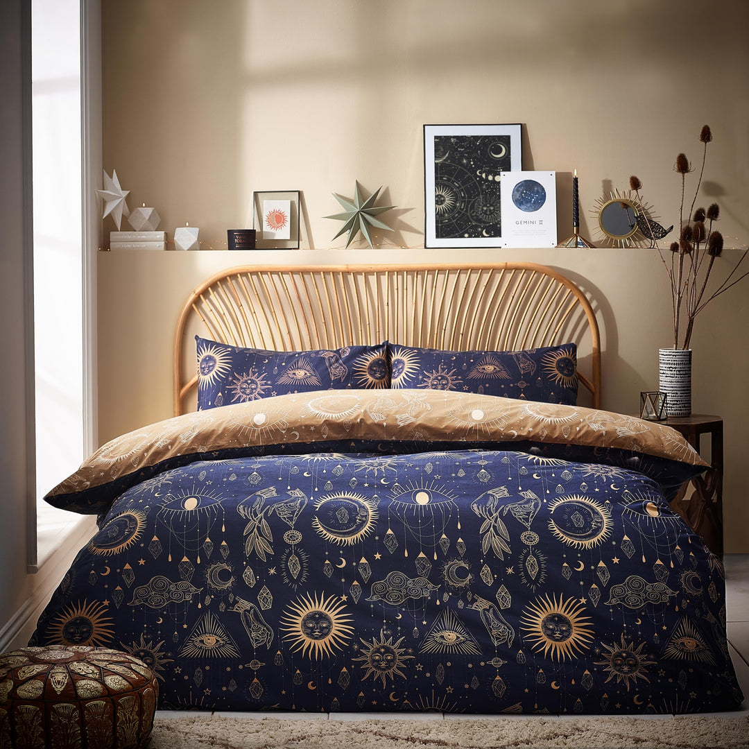 furn. Constellation Bettwäsche-Set für Doppelbett, Baumwolle, Polyester, Gold/Marineblau, CONSTEL/D0