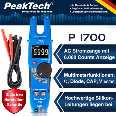 PeakTech 1700 – TRUE RMS Gabelstromzange 200 A AC, Spannungsdetektor mit LCD Anzeige, Gabelförmiges