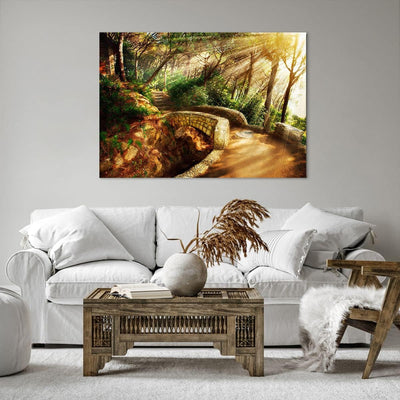 Bilder auf Leinwand 100x70cm Leinwandbild Pfad Steinbrücke Wald Herbst Gross Wanddeko Bild Schlafzim