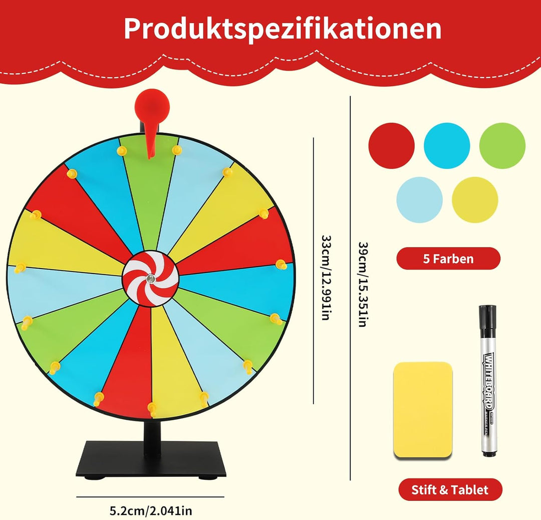 Glücksrad zum Drehen, 30cm Preisrad-Spinner mit Ständer, 15 Slots Wiederverwendbar Glücksrad zum Sel