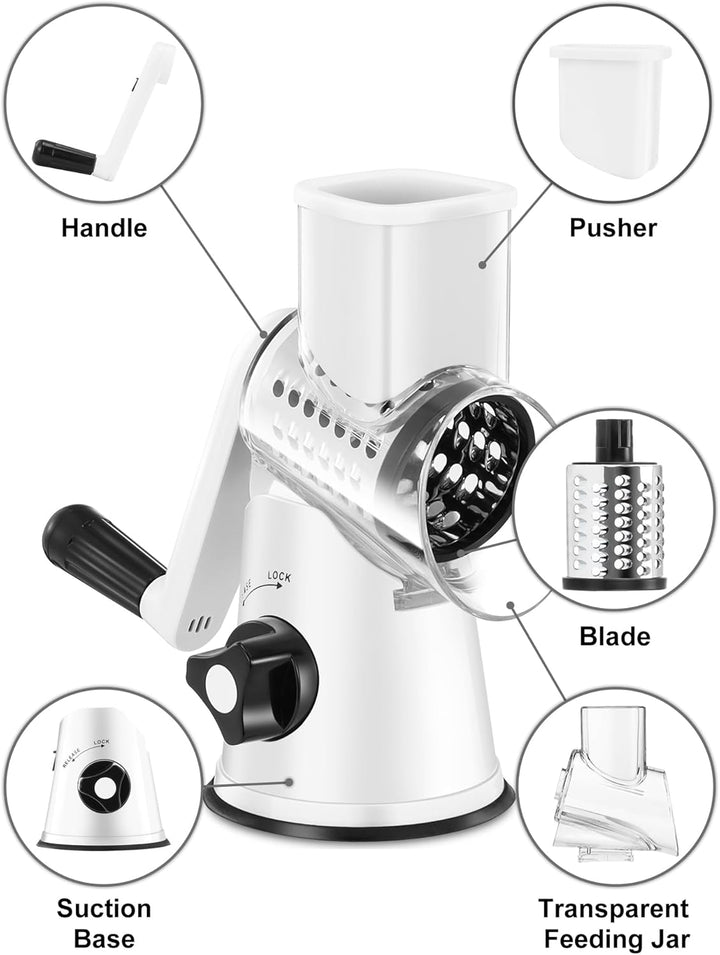 GDL Käsereibe mit Kurbel, Gemüsehobel mit 3 austauschbaren Trommelklingen, Reibe Küche Schnelles Sch