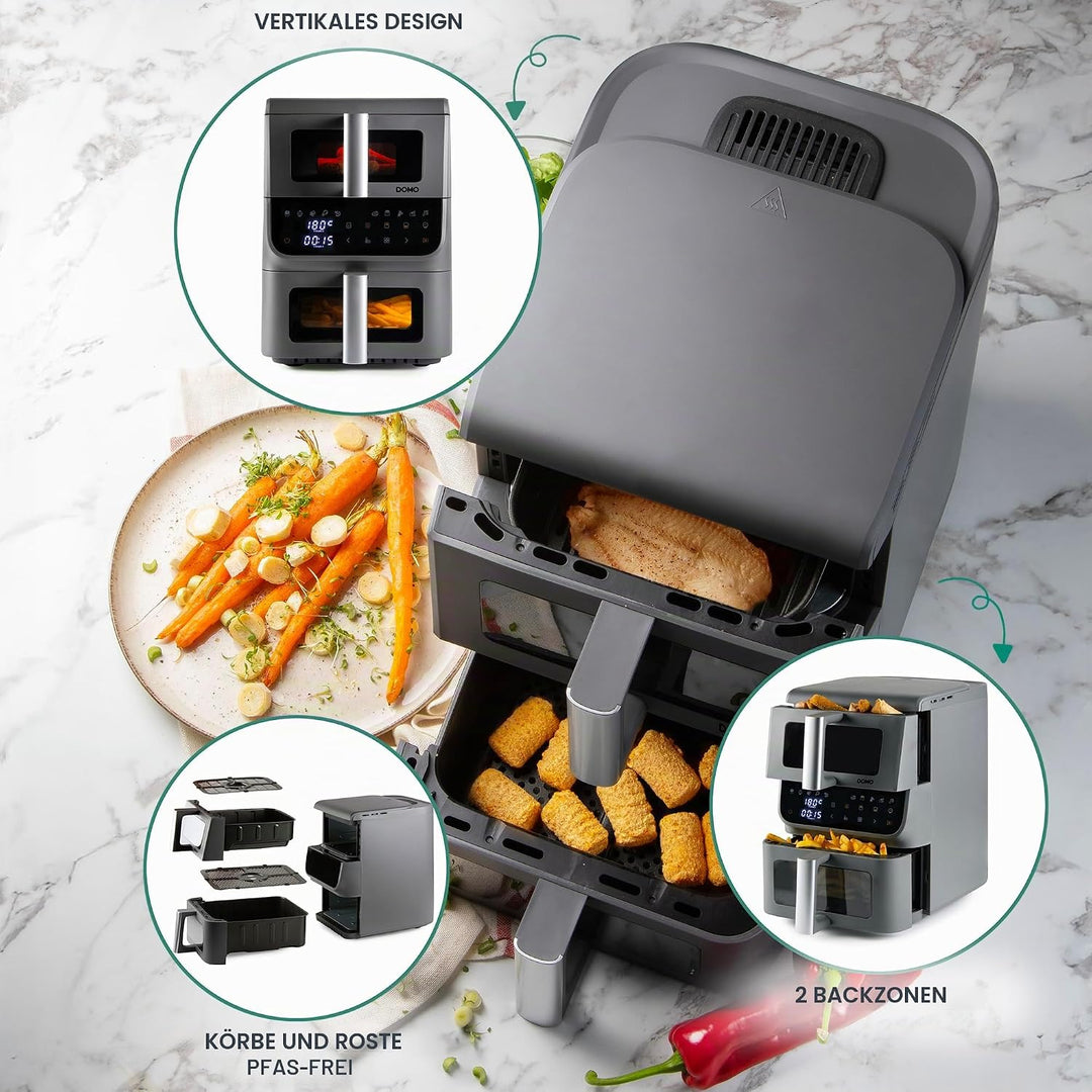 DOMO DO550FR Heissluftfritteuse 2 Kammern Vertikal - 10L - Innovative Mehrfach-Luftgeschwindigkeit -