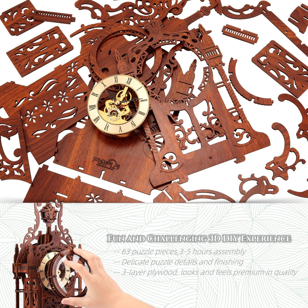 FUNPOLA 3D Puzzle Erwachsene LED Turm Uhr, 3D Holzpuzzle Erwachsene Gebäudemodell, 3D Puzzle Holzbau