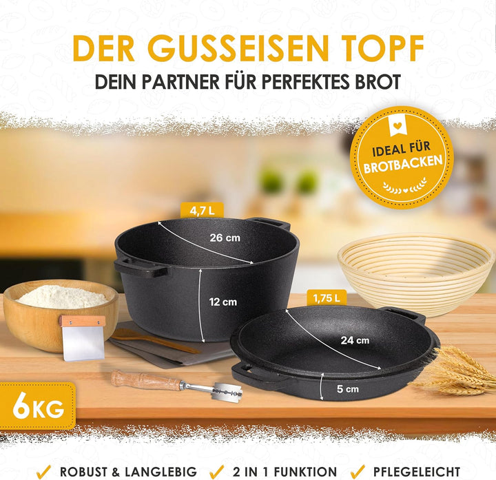 Gusseisen Topf Brot Backen inkl. Gärkorb, Bäckermesser & Teigschaber - 26cm Brotbackform mit Deckel