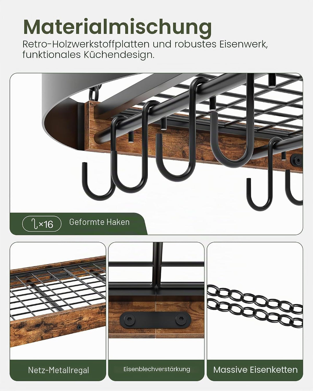 80,5 cm Wandregal Küche, hängendes Küchenregal, Topfregal Deckenregal, Topfdeckelhalter, Pfannenhalt