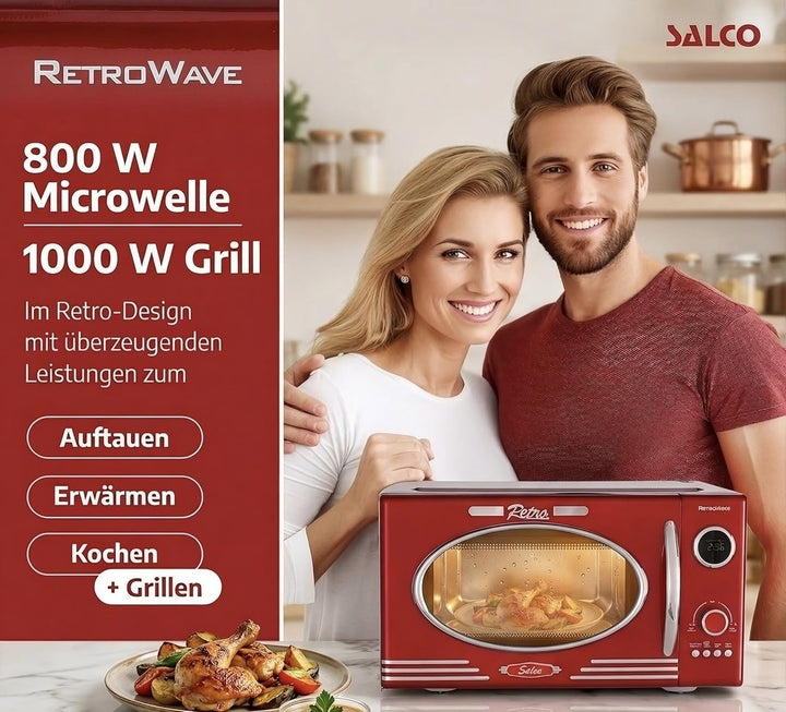 Salco Mikrowelle 2 in 1 – Retro-Style mit Grillfunktion - 23 l Garraum, metallic-rot, 900 W - 12 Fun