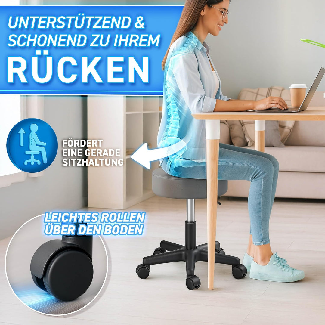 TRESKO® Rollhocker höhenverstellbar 10 cm Dicke Polsterung bis 150 kg | Hocker 47-60cm | Arbeitshock
