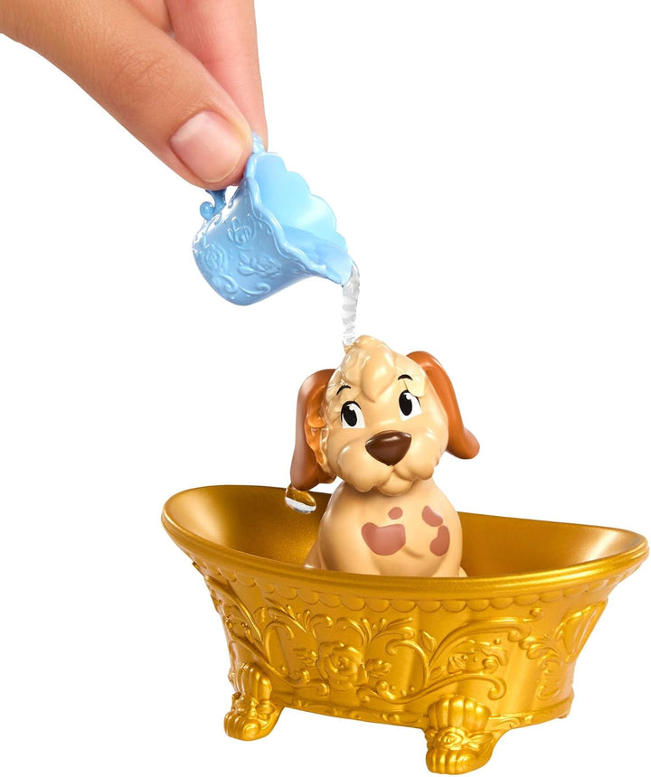 Mattel Disney Princess Belle Modepuppe mit Hündchen, Farbwechseleffekt, Badewanne, Bürste und Haarzu