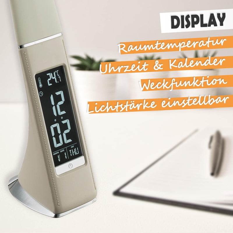 bmf-versand Tischleuchte mit Flexo-Arm und Touchdimmer inkl Pflegetuch – Tischlampe Display Uhr Weck