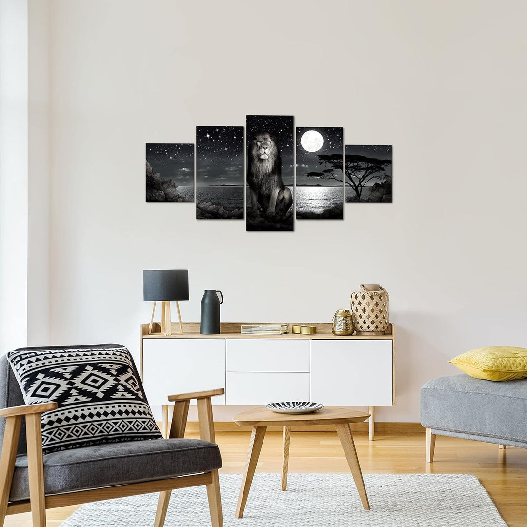 Runa Art Wandbilder Afrika Löwe 5 Teilig Bild auf Vlies Leinwand Deko Wohnzimmer Schlafzimmer Savann