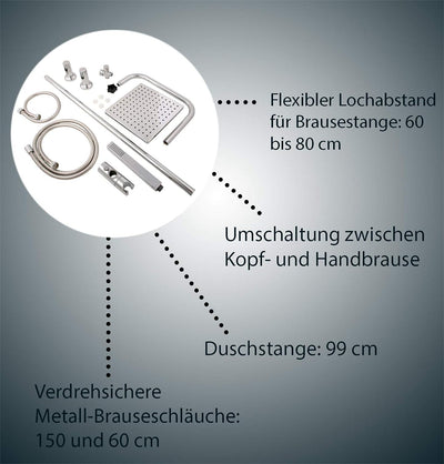 'aquaSu® Duschsystem Proda mit Regendusche & Handbrause eckig | Stab-Handbrause & Kopfbrause | je 1