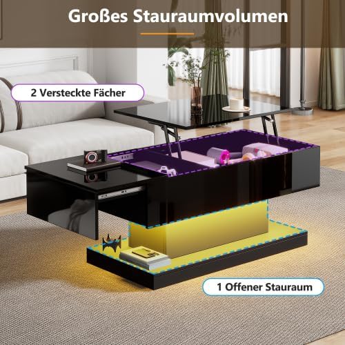 Merax Couchtische 100x50x45 cm, Hochglanz-Lift-Teetisch, Kaffeetisch mit LED-Beleuchtung – Halbhebba
