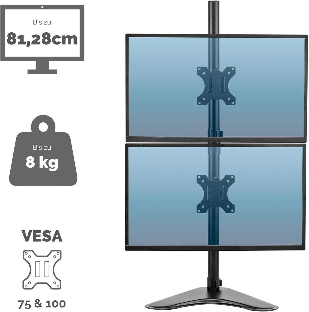 Fellowes Monitorarm Seasa mit Standfuss - höhenverstellbar - für 2 Monitore übereinander bis je 81,2