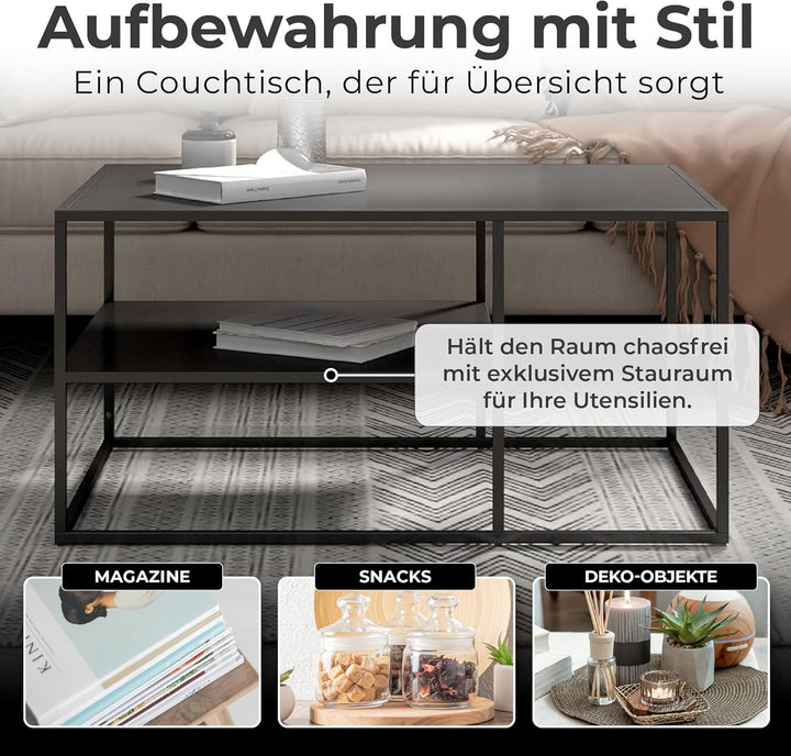 [en.casa] Couchtisch Solund Beistelltisch Metall Schwarz matt Wohnzimmertisch mit Stauraum 45 x 90 x