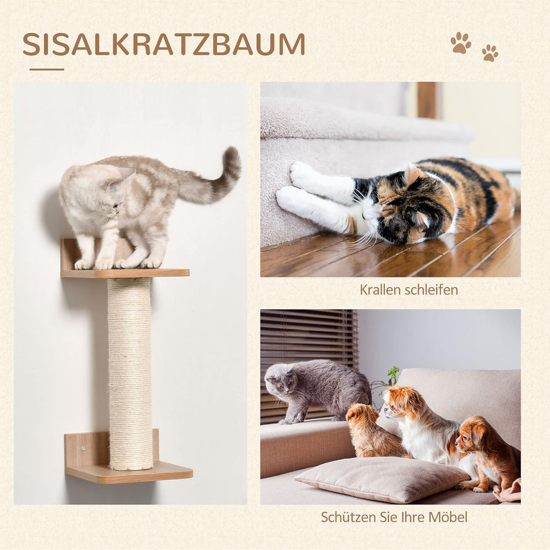 PawHut Kletterwand Katzen, 4-teilig Katzenkletterwand Set Katzen Wandelemente mit Kratzbaum Hängemat