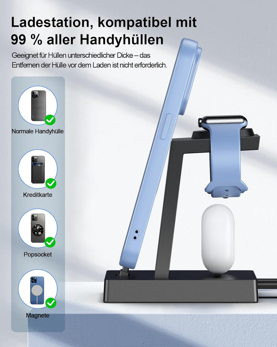 Ladestation für mehrere Geräte – ADADPU 30W USB C Schnellladestation,3 in 1 Kabelloser Ladeständer f