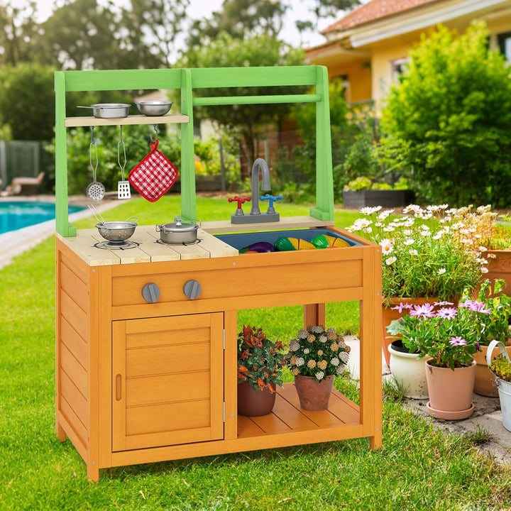 COSTWAY Matschküche Kinder Outdoor, Kinderküche mit Zubehör, Spielküche mit realistischen Herden & W