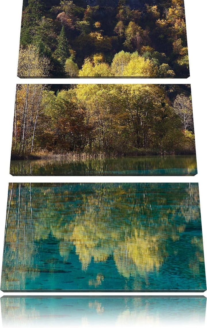 Pixxprint herbstlicher Wald am See als Leinwandbild/Grösse: 3 Teilig (120x80) cm/Wandbild/Kunstdruck