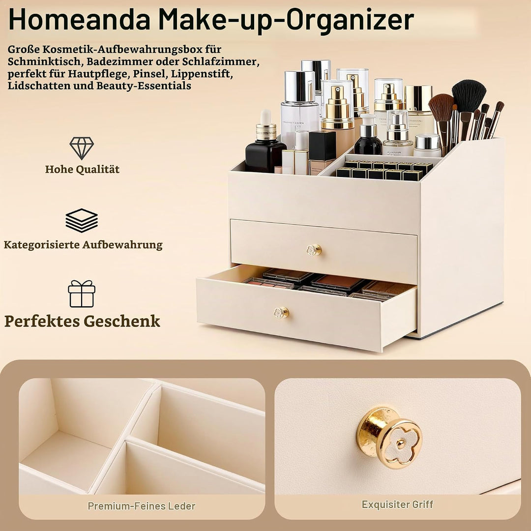 Homeanda Make-up-Organizer aus Kunstleder mit 2 Schubladen – Schreibtisch-Organizer für Kosmetik, Li
