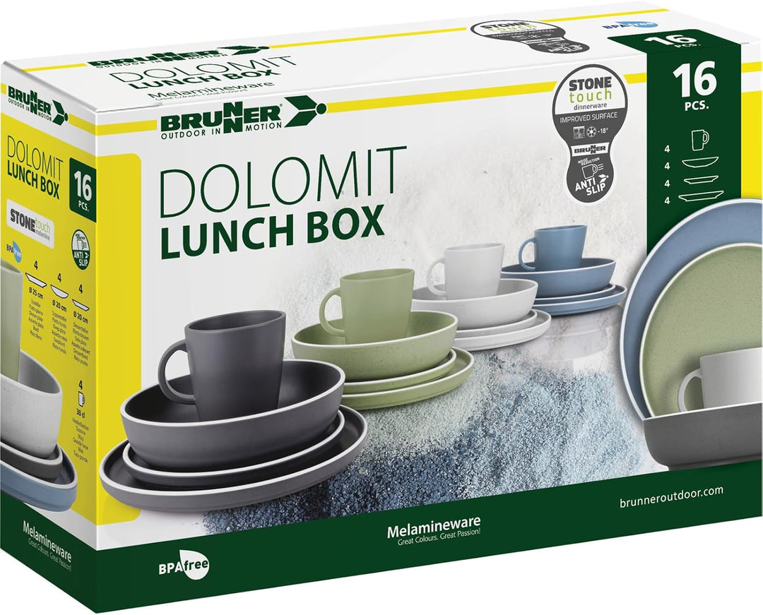 BRUNNER Melamin Geschirr Set Lunch Box Dolomit Stone Touch Camping Teller 16tlg Grün, Grün