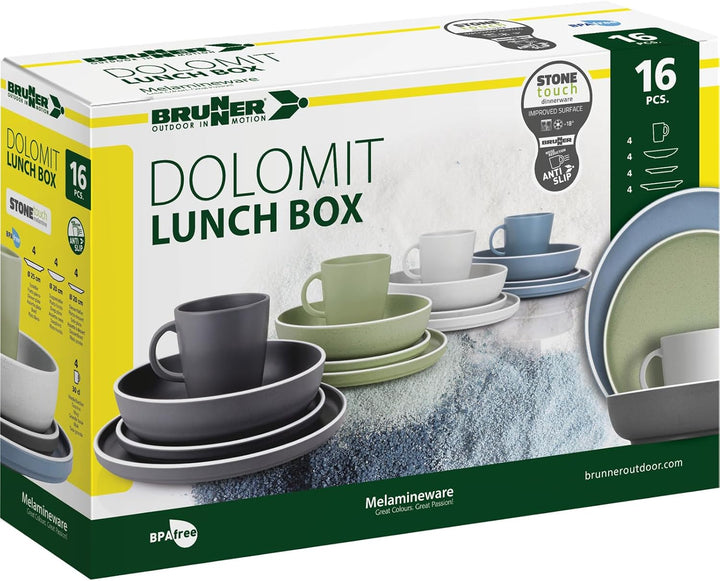 BRUNNER Melamin Geschirr Set Lunch Box Dolomit Stone Touch Camping Teller 16tlg Grün, Grün