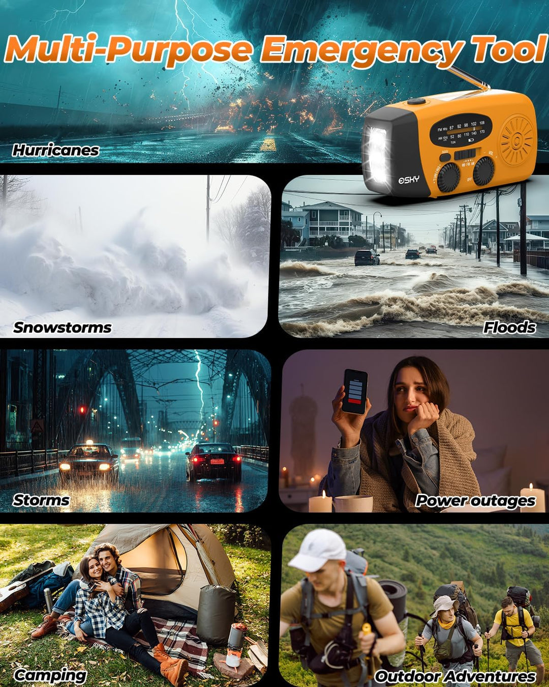 Solar Radio, Esky Kurbelradio AM/FM Wasserdicht Tragbare Radios SOS Alarm Notfallradio mit Power Ban