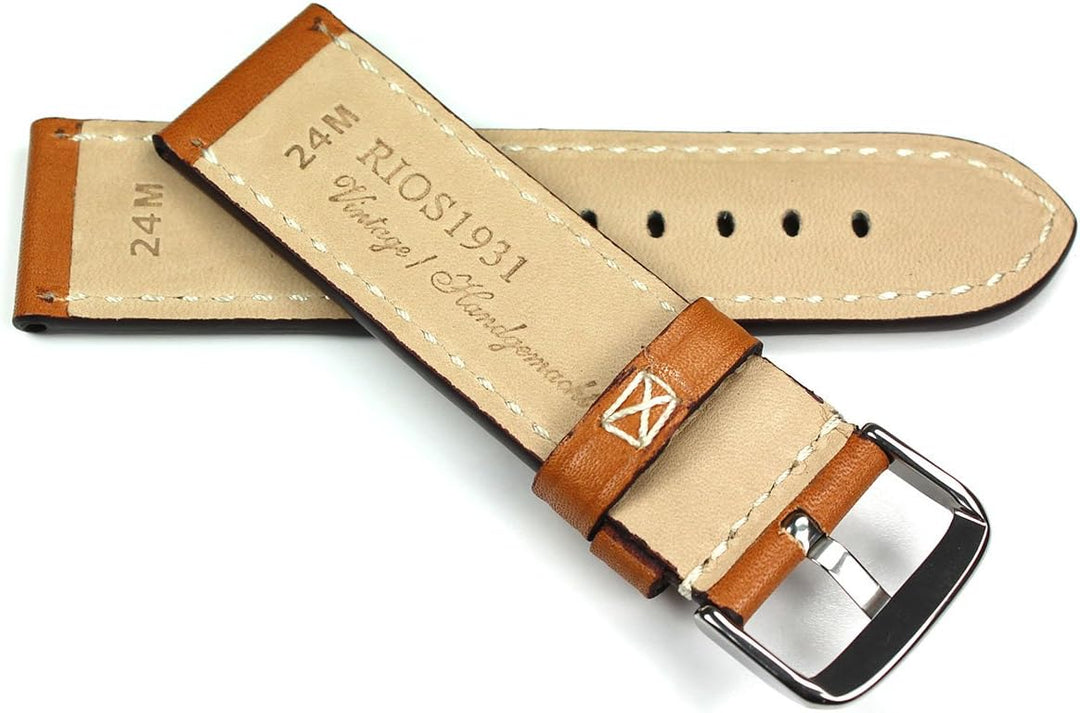 RIOS1931 24mm Kalbsleder Deutsch robust Uhrenarmband Vintage Fliegerband hell braun mit Nieten NT