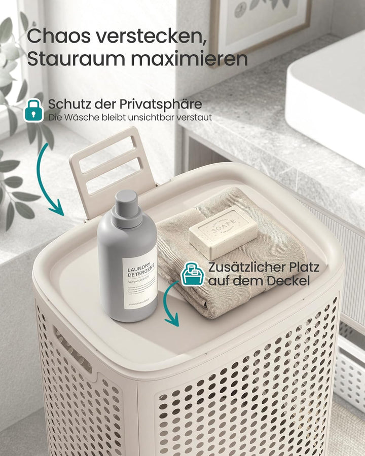 SONGMICS Wäschekorb mit Deckel, Wäschesammler Plastik, 75 L, Wäschetonne schmal, Wäschebox platzspar