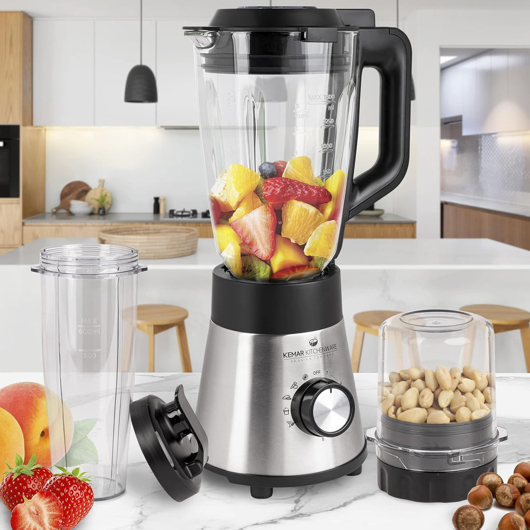 KeMar Standmixer 2-in-1 Edelstahl silber - 1,5l Glasbehälter 5 Programme 1000W abnehmbare Klinge - S
