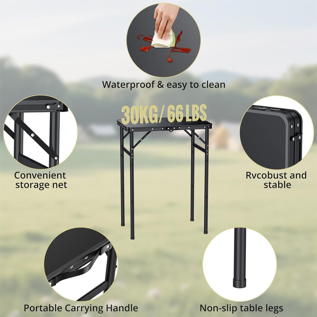 Anbte Campingtisch Klappbar 60x40cm Aluminium Rahmen mit 3 Höhen Verstellbar 27.3/51/74.7cm mit Aufb