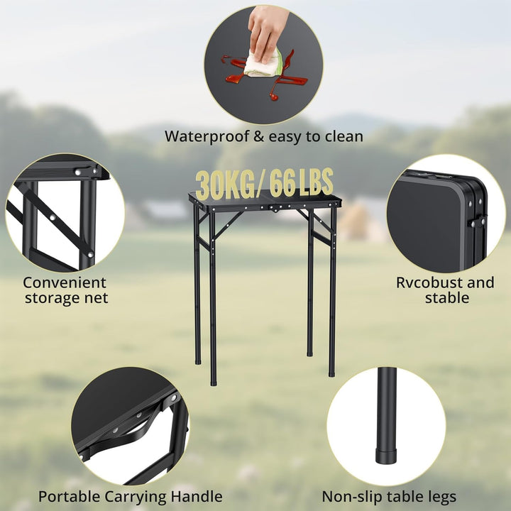 Anbte Campingtisch Klappbar 60x40cm Aluminium Rahmen mit 3 Höhen Verstellbar 27.3/51/74.7cm mit Aufb