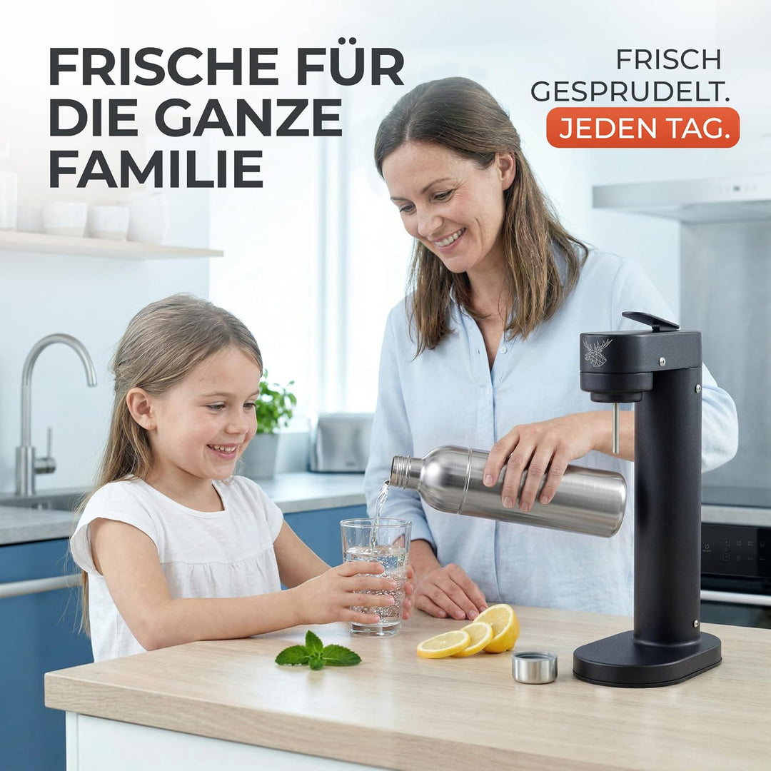 Infinity-S Wassersprudler aus hochwertigem Edelstahl (Black/Silver) – inkl. 2x 1,25L Edelstahlflasch