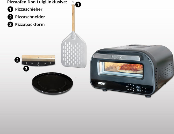 Unold 68815 Pizzaofen Don Luigi - Schwarz, Elektrischer Ofen, 1.700 Watt, rostfreier Edelstahl, bis