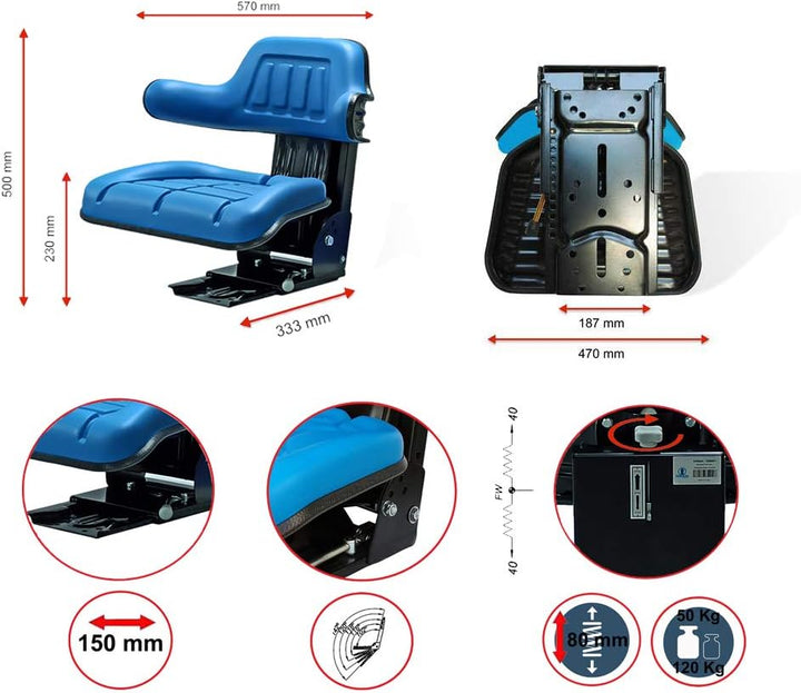 Schleppersitz Traktorsitz Universalsitz Trecker Sitz Oldtimer gefedert KS 44/2V PVC Blau kompatibel