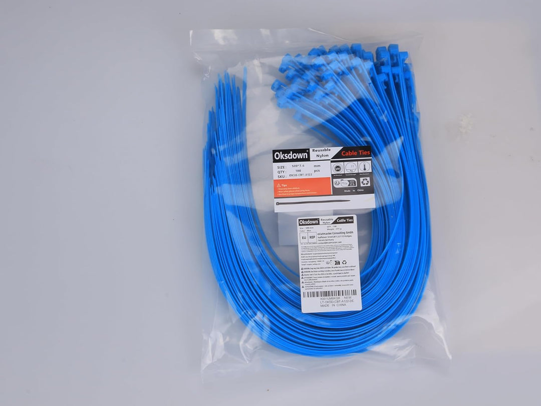 Kabelbinder wiederverschliessbar Blau 500 mm × 7,6 mm 100 Stück UV-Beständig Stark Gross Nylon Kunst