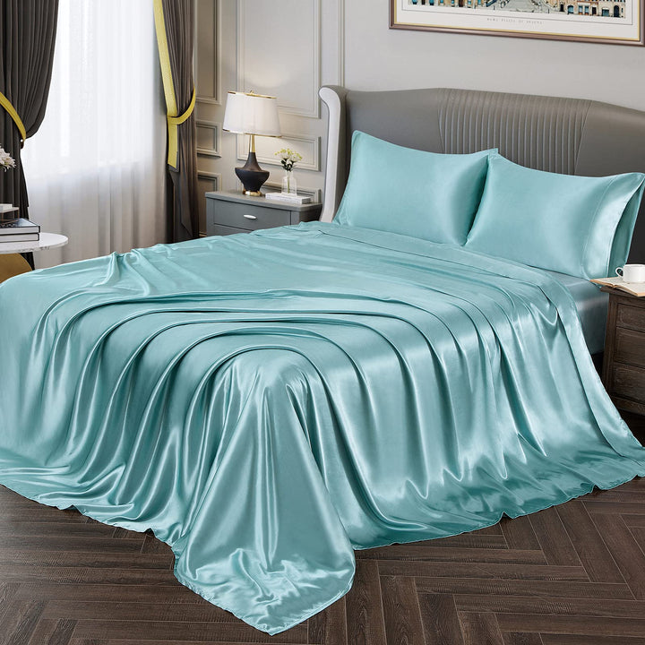 Vonty Satin-Bettlaken für King-Size-Betten, seidig weiches Satin, Aqua-Satin, 1 Spannbetttuch mit ti