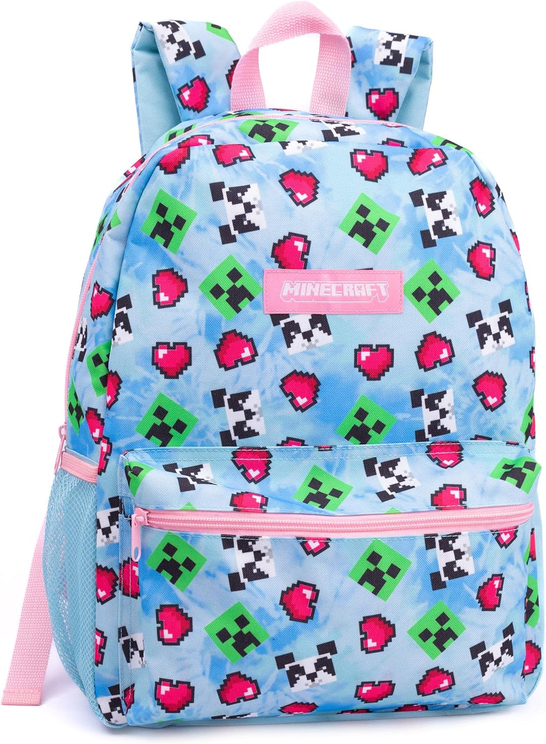 Minecraft Rucksack und Brotdose Set für Mädchen | Kinder 4-teilig Creeper Panda Herzen Blau Schulruc