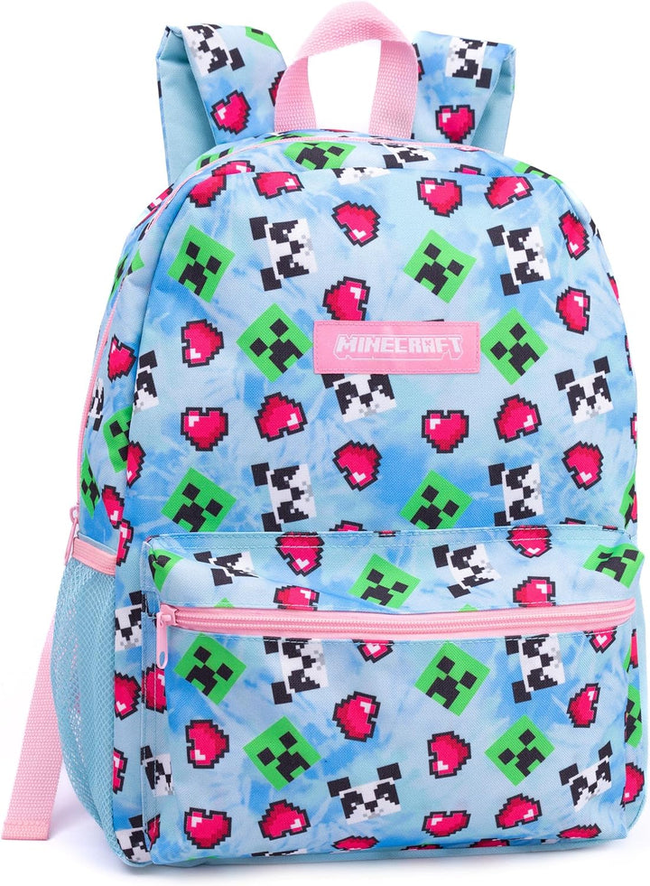 Minecraft Rucksack und Brotdose Set für Mädchen | Kinder 4-teilig Creeper Panda Herzen Blau Schulruc