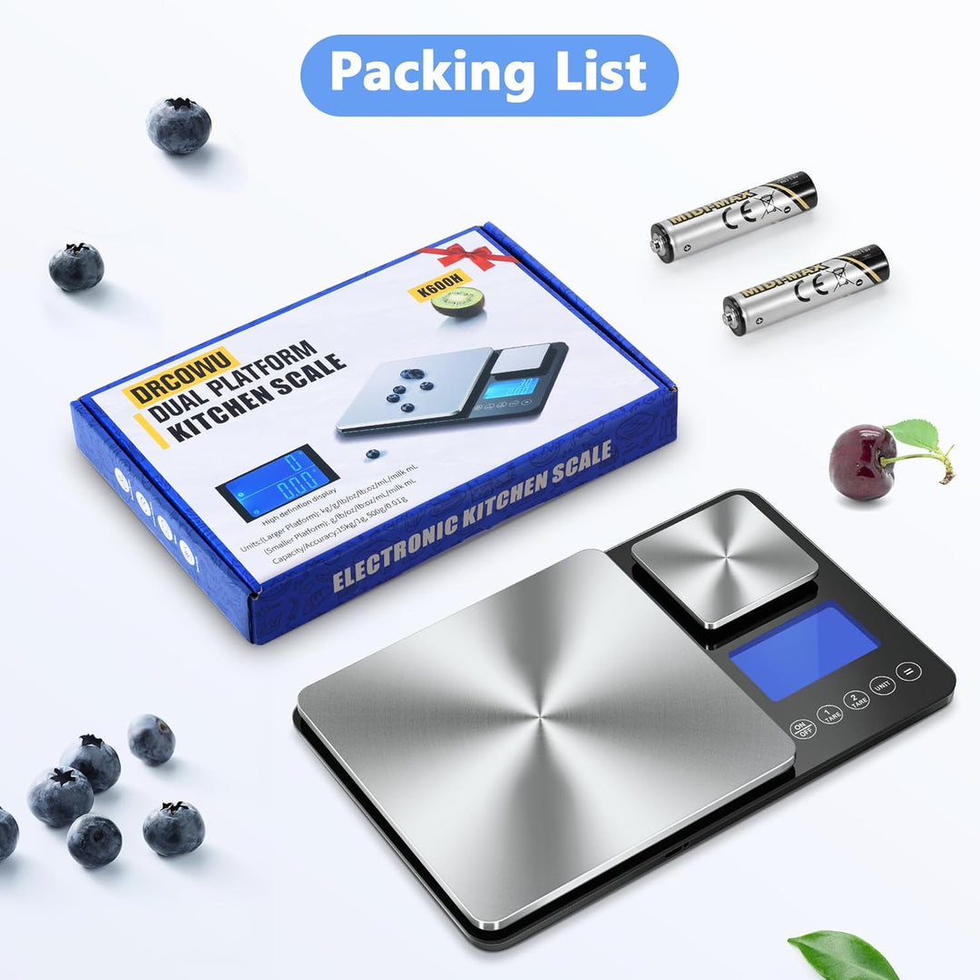 Küchenwaage mit Dualer Plattform, 15kg/1g & 500g/0.01g, Doppelfunktion Digitale Küchen Feinwaage mit