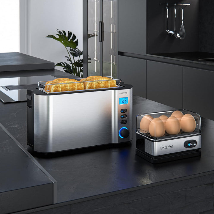 Arendo - SET Toaster MANHA mit Eierkocher SIXCOOK Edelstahl Silber, Toaster 4 Scheiben LED-Display 6