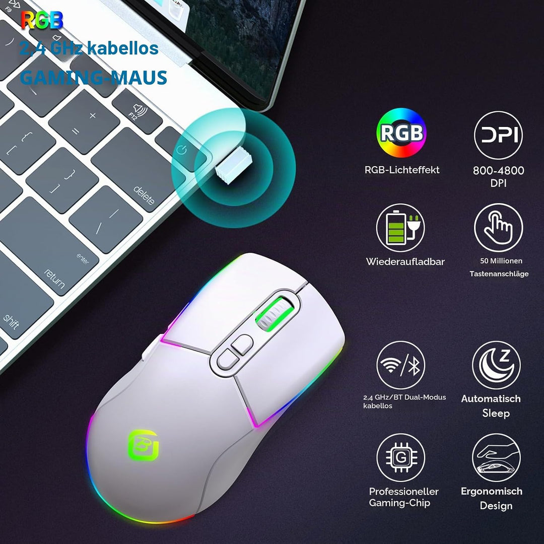 Kabellose Gaming Maus, Dual Mode 2.4GHz/Bluetooth 5.1 Maus Gaming, RGB LED Hintergrundbeleuchtung, E