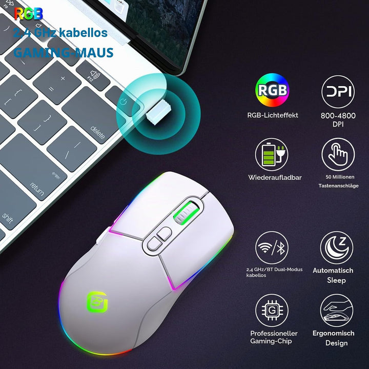 Kabellose Gaming Maus, Dual Mode 2.4GHz/Bluetooth 5.1 Maus Gaming, RGB LED Hintergrundbeleuchtung, E