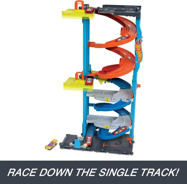 Hot Wheels City Trackset mit 1 Auto, 2-in-1-Rennturm, von Einzelbahn in zweispurige Rennbahn umwande