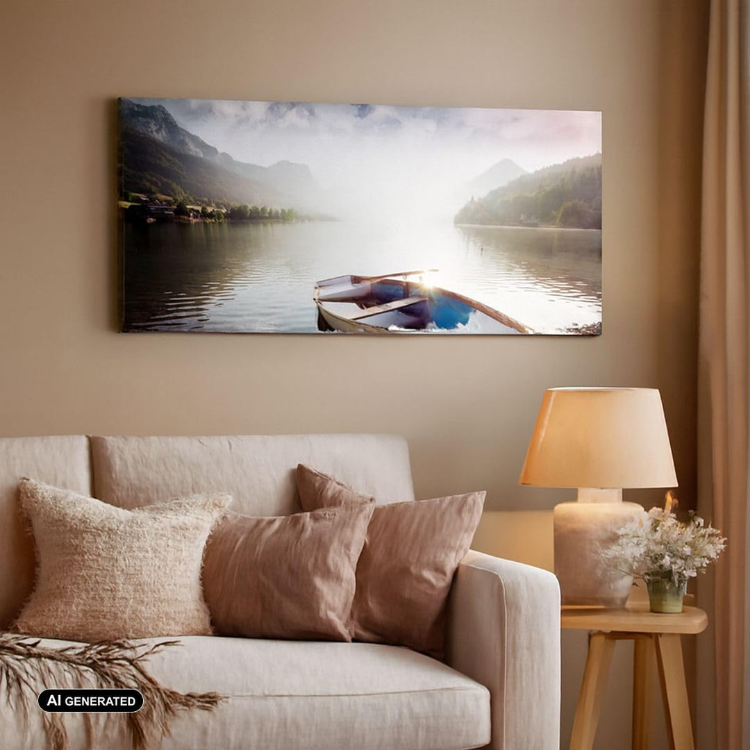 Wandbilder Dekoration Wohnzimmer Berge See Boot Panorama Bilder auf Leinwand 120x50cm Leinwandbild m