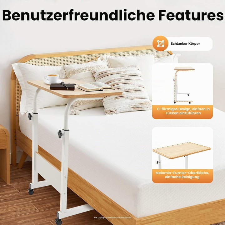 Höhenverstellbarer Schreibtisch 70–90cm, Mobiler Laptop Tisch mit Rollen &amp; Bremse, Rollbarer Beistel